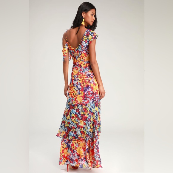 Like New Radiant Ruby Red Floral Print Chiffon Maxi Dress - Picture 2 of 7